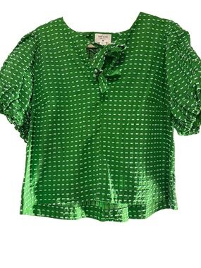 kate spade Green Tie-Front Puff Sleeve Blouse with White Micro-Dots